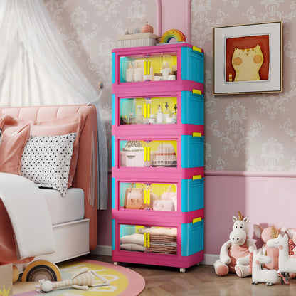 Dopamine Color Storage Organizer Set with 4/5 Tiers, Foldable And Waterproof. Features 360° Rotating Wheels And Magnetic Closure. Made from Durable PP Material with a Stackable Design, Perfect for Living Room, Office, Bedroom