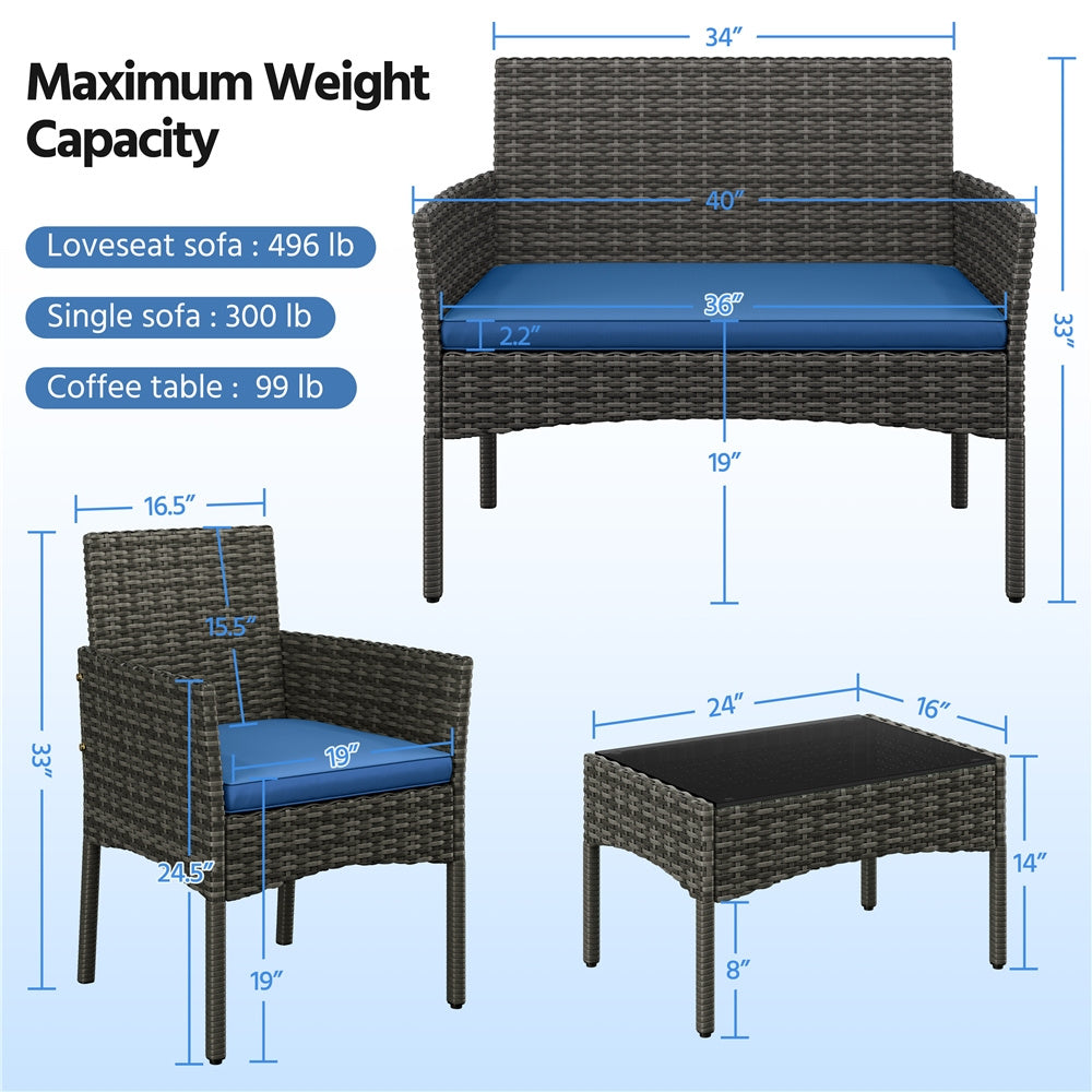 Costoffs Patio Furniture Set 4 Pieces Conversation Sets, Rattan Chair Wicker Set Loveseat with Soft Cushion and Glass Table Halloween Patio Furniture for Backyard Porch Garden Poolside Balcony