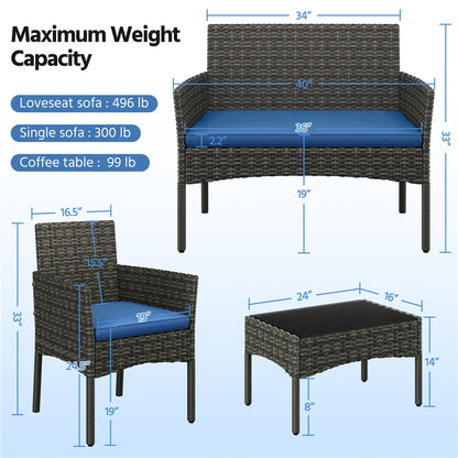Costoffs Patio Furniture Set 4 Pieces Conversation Sets, Rattan Chair Wicker Set Loveseat with Soft Cushion and Glass Table Halloween Patio Furniture for Backyard Porch Garden Poolside Balcony