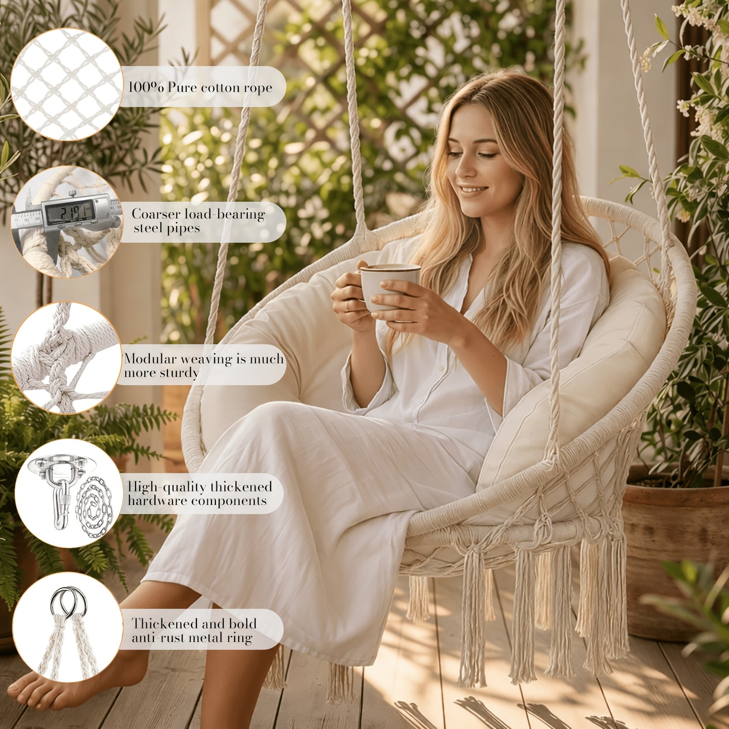 Hanging Chair for Bedroom Hammock Chair Swing with Lights And Hardware Kits Holds Up to 550Lbs Macrame Swing Chair Hanging Cotton Rope Swing Chair for Bedroom, Patio, Deck, Garden And Porch