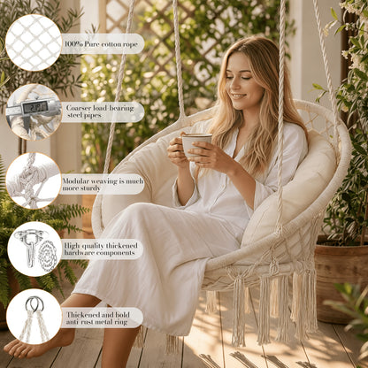Hanging Chair for Bedroom Hammock Chair Swing with Lights And Hardware Kits Holds Up to 550Lbs Macrame Swing Chair Hanging Cotton Rope Swing Chair for Bedroom, Patio, Deck, Garden And Porch
