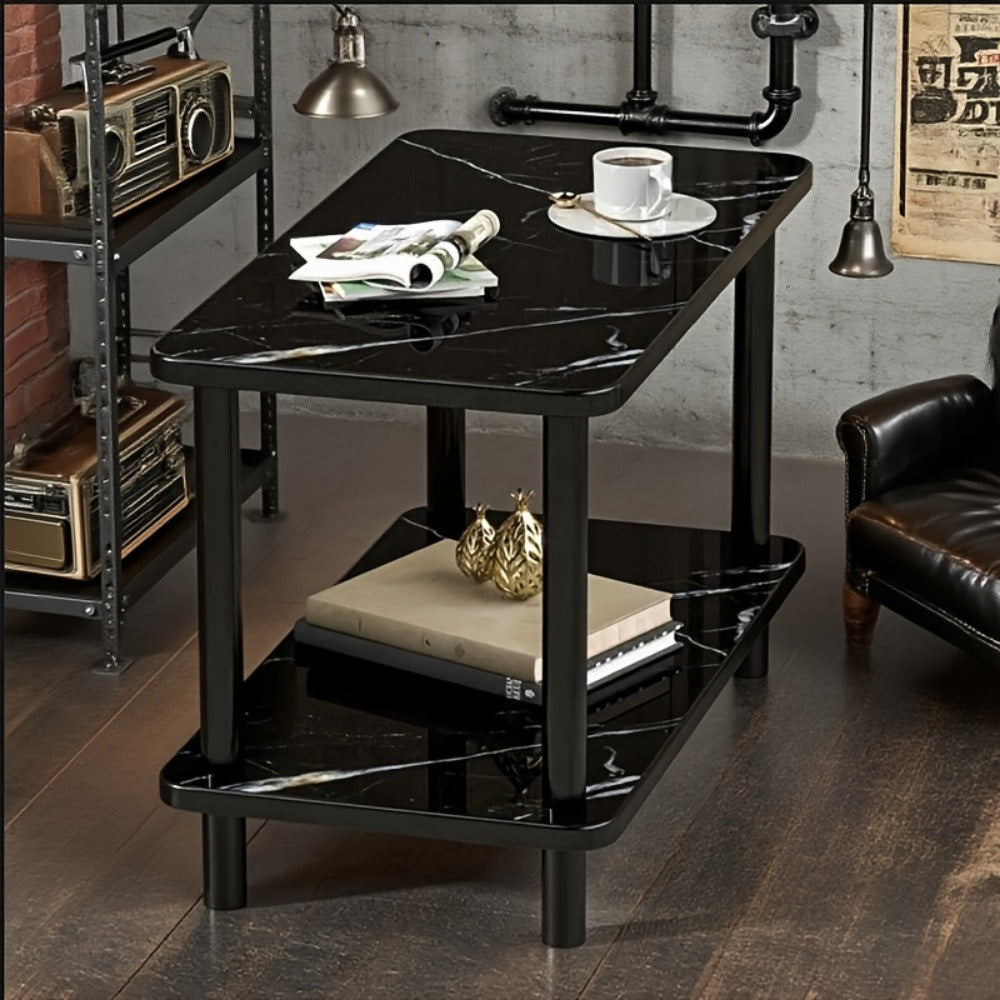 2-Tier Marble-Look Side Table Scratch-Resistant Top – Versatile Bedside Table & Coffee Table for Bedroom Balcony Living Room, White Black Brown