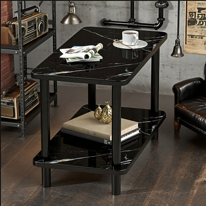 2-Tier Marble-Look Side Table Scratch-Resistant Top – Versatile Bedside Table & Coffee Table for Bedroom Balcony Living Room, White Black Brown