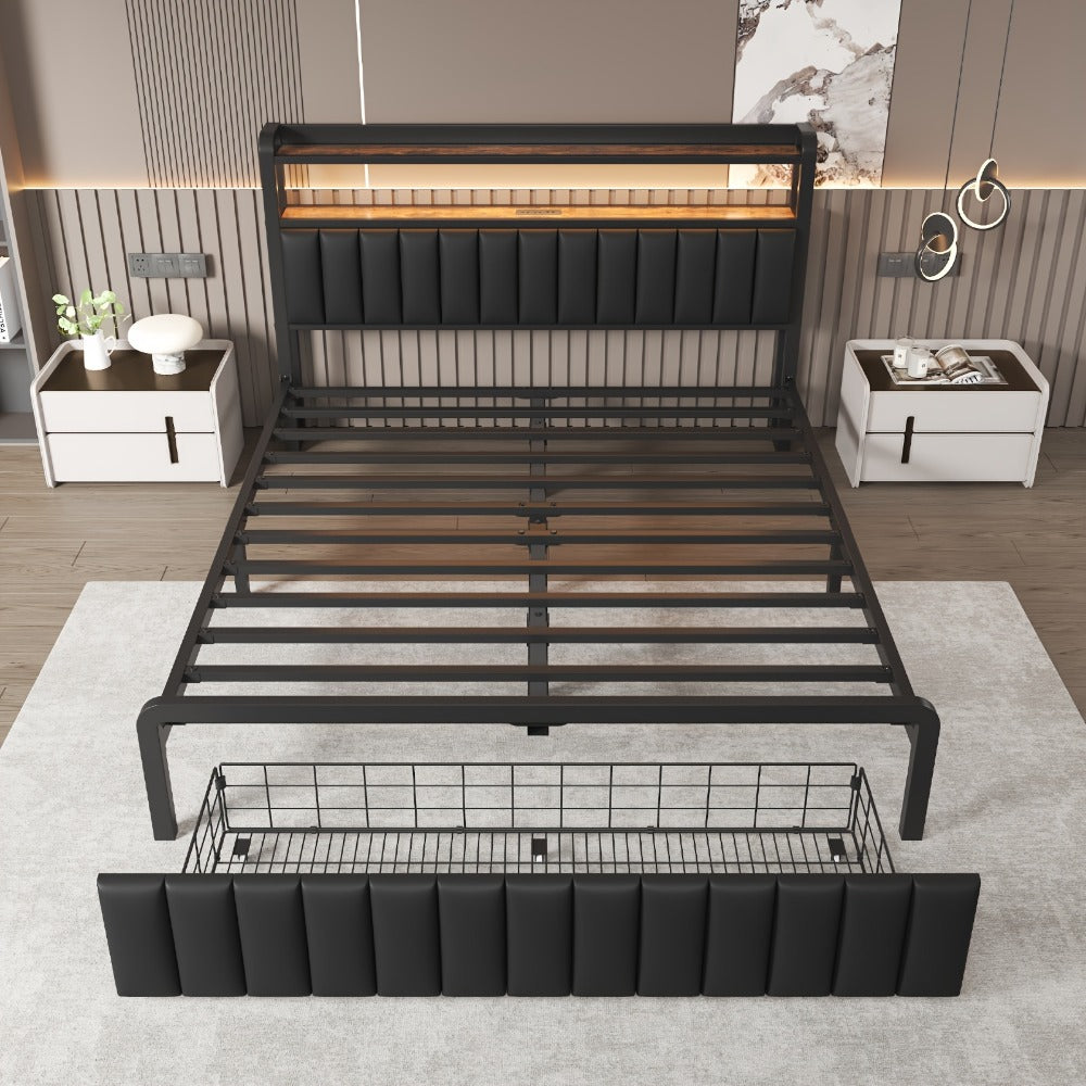 Storage Bed Frame with 2-Tier Headboard & Hidden Drawers – Metal Platform, 12" Under-Bed Space, Full/Queen, Black