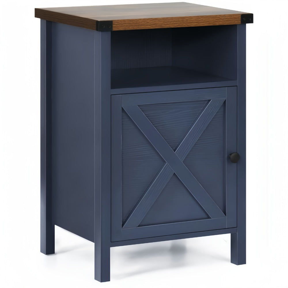 Farmhouse Nightstand with Barn Door & Shelf, Rustic Modern Bedside Table End Table for Bedroom Living Room Entryway, 23.7"x15.8" – Set of 1 or 2, Navy Blue Grey White Oak Black