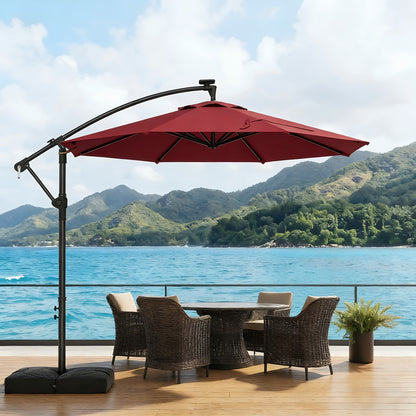 360 Degree Rotation 10Ft Solar Patio Umbrella with Base Included, Offset Cantilever Outdoor Umbrella with 32 LED Lights, Offering UPF50+ UV Protection, 8 Sturdy Ribs, for Outdoor, Pool, Deck And Garden