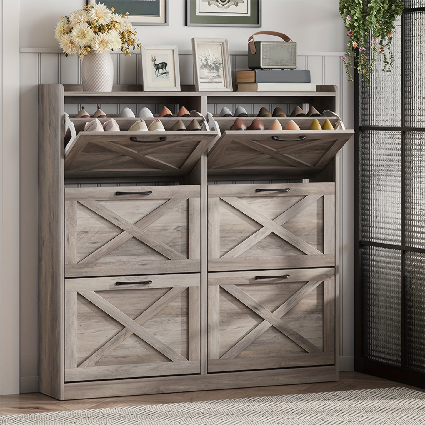 Washed Gray Shoe Storage Cabinet with 6 Flip Drawers | Narrow Freestanding Shoe Cabinet and Shoe Storage Organizer with Metal Handles for Entryway, Large Shoe Rack Organizer, Modern Farmhouse Style, Ideal for Shoe Racks, Made of Particle Board