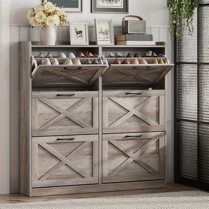 Washed Gray Shoe Storage Cabinet with 6 Flip Drawers | Narrow Freestanding Shoe Cabinet and Shoe Storage Organizer with Metal Handles for Entryway, Large Shoe Rack Organizer, Modern Farmhouse Style, Ideal for Shoe Racks, Made of Particle Board