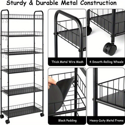 A Slim, Six-Tiered Storage Cart on Wheels, Designed for Utility And Mobility, Perfect for Organizing Spaces in The Kitchen Or Bathroom. Available in Black, with Dimensions Ranging from 6 to 10 Inches