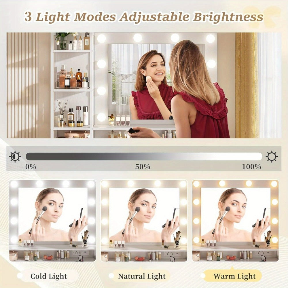 Vanity Desk with Lighted Mirror and Power Strip 5 Large Drawers 3 Color LED Lights Hair Dryer Rack Makeup Dressing Table Set Black White