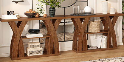 55 "Wooden Rustic Console Table, X-Shaped Leg Design, 2-Tier Shelf. Multifunctional Storage. Suitable for Use Behind The Sofa in The Living Room, in The Corridor, in The Entrance Hall, Or at The Entrance. Light Brown And Tiger Brown