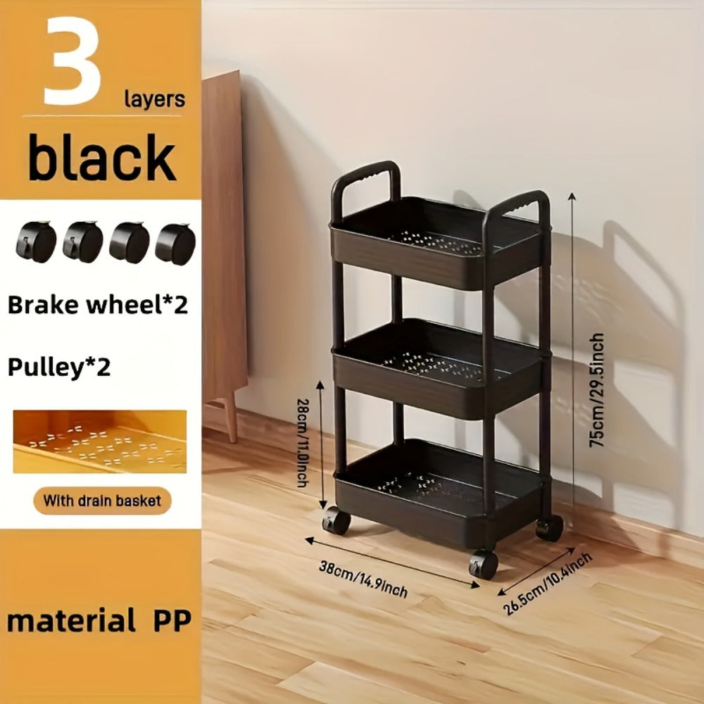 3-Tier Rolling Storage Cart with 360° Swivel Wheels – White Mobile Utility Cart Organizer for Home, Office & Kitchen, 3 Layer Plastic Cart for Books, Snacks & Supplies