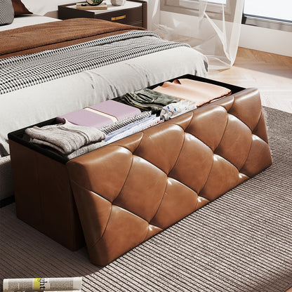 43-Inch Storage Pull-out Ottoman Bench with Hidden Compartment - Heavy-Duty Folding Stool, Soft Synthetic Leather Upholstery, Space-Saving Multi-Functional Footrest for Living Room, Bedroom, Office - 880 Weight Capacity