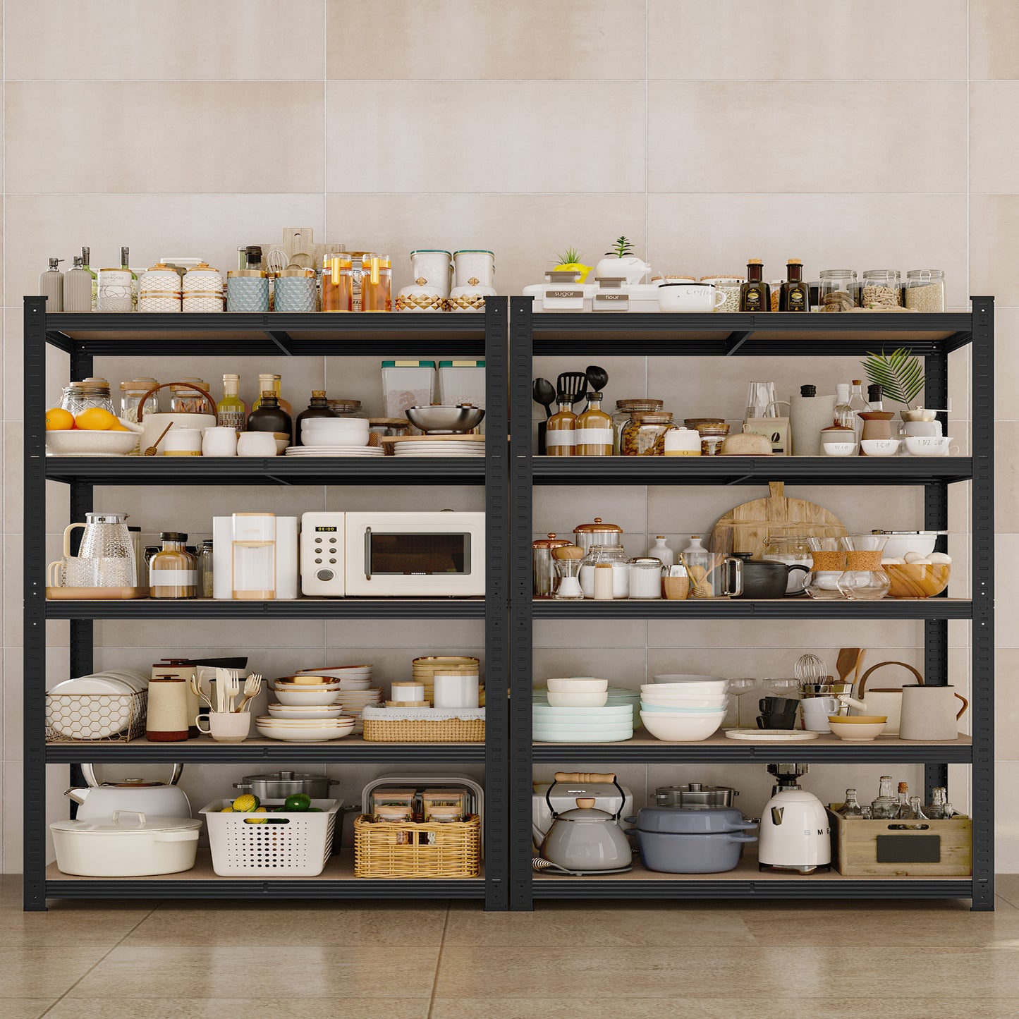 Costoffs 2pcs 5-Tier Metal Storage Shelving Units, Adjustable Utility Racks Organizer for Garage, Living Room, Kitchen, 2000 LB Weight Capacity, Anti-Tip Design, Silver/Black