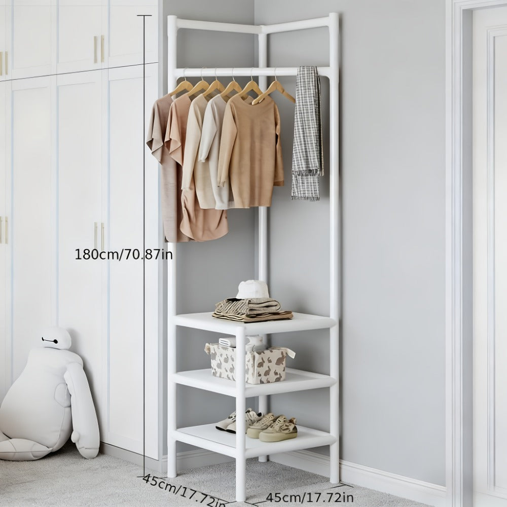 Corner Coat Rack with Shelves & Hanging Rods | Freestanding 2-Tier or 3-Tier Corner Clothes Hanger, Multi-Functional Storage Rack for Entryway, Bedroom, Bathroom | White or Black