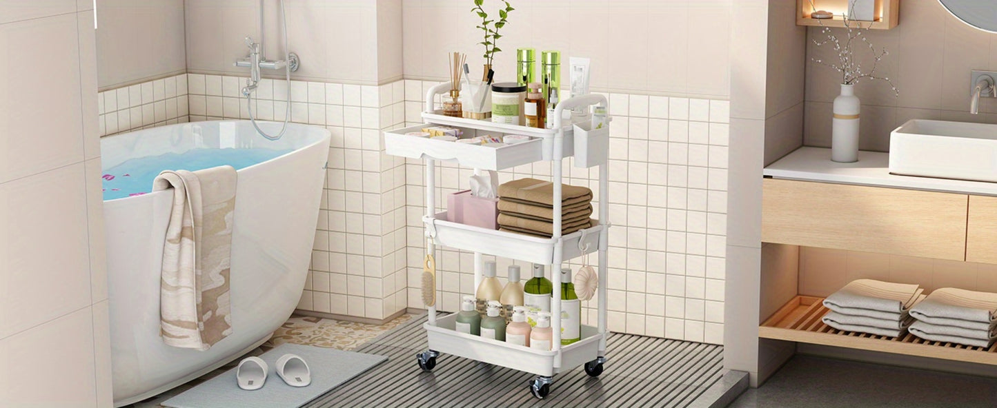 Rolling Storage Cart with Drawers 3 or 4 Tier Plastic Organizer Lockable Wheels Cup Holder Hooks for Kitchen Bathroom Living Room Bedroom Purple Black Blue Green Grey Pink White