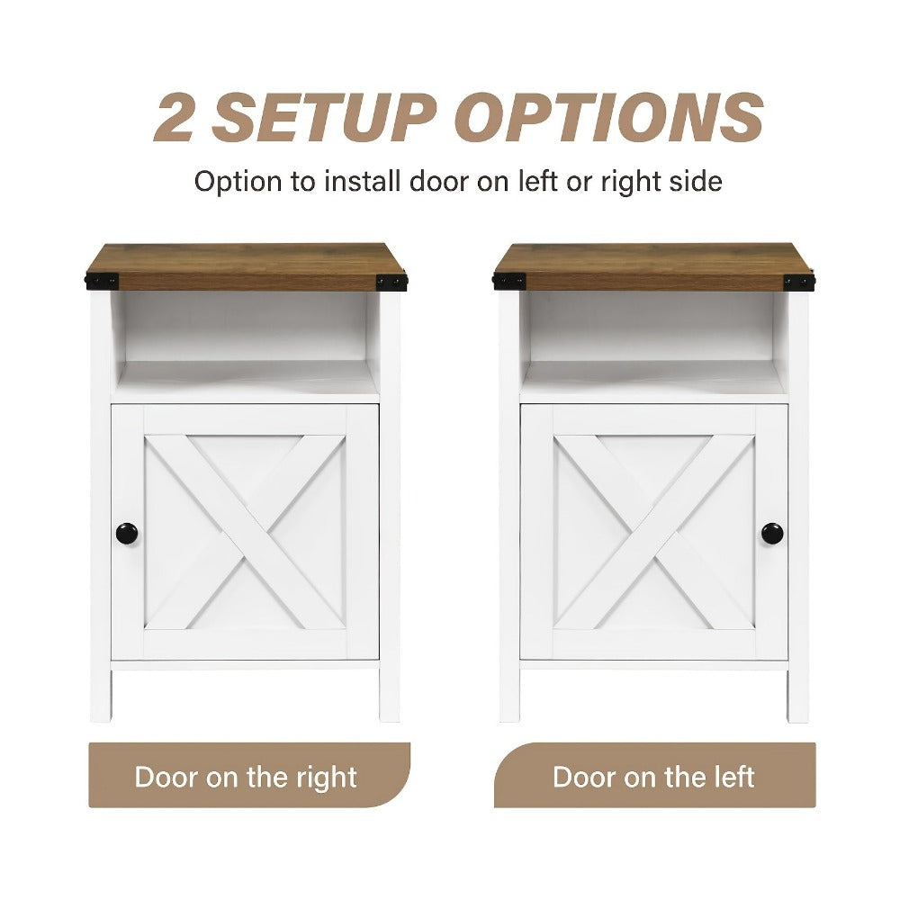 Farmhouse Nightstand with Barn Door & Shelf, Rustic Modern Bedside Table End Table for Bedroom Living Room Entryway, 23.7"x15.8" – Set of 1 or 2, Navy Blue Grey White Oak Black