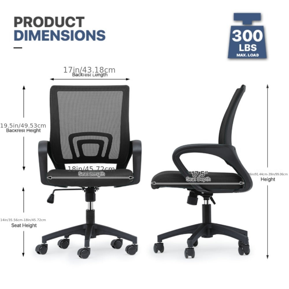 Ergonomic Office Chair Mid-Back Mesh Swivel Desk Chair with Lumbar Support Adjustable Height Sponge Seat Rolling Wheels, 300 lbs Capacity, 6 Colors, 1 or 2 Pack