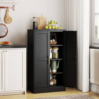Utility Two Doors Modern Metal Storage Freestanding Cabinet with Adjustable Foot, Kitchen Pantry Sideboard Cabinet with 3 Adjustable Shelves for Kitchen, Laundry Room, Bathroom, Living Room and Dinning Room