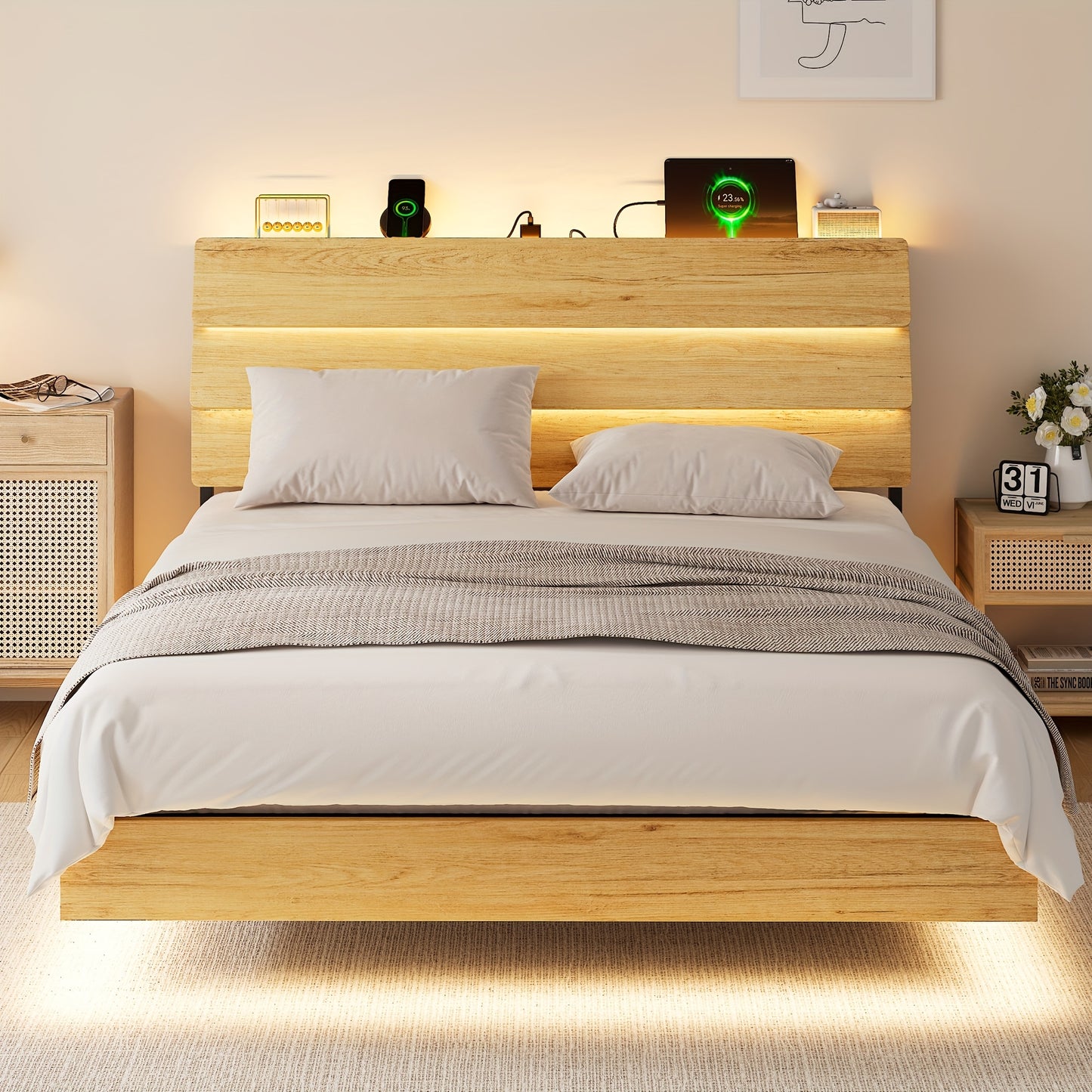 Valnase Floating Bed Frame with LED Lights, with Built-In Charging Station Storage Wooden Headboard, Heavy-Duty Metal Support, Easy Assembly