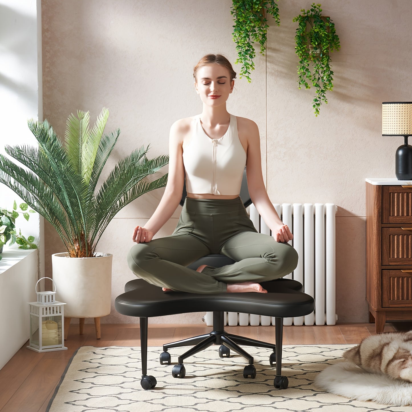 Cross Legged Chair - Meditation Chair With Wheels, ADHD Chair, Height Adjustable Seat, Adjustable Stool, Ergonomic Back Support, Flexible Design, Velvet And Faux Leather Black, Perfect Christmas Gift For Fidgety Sitters And Yoga Lover