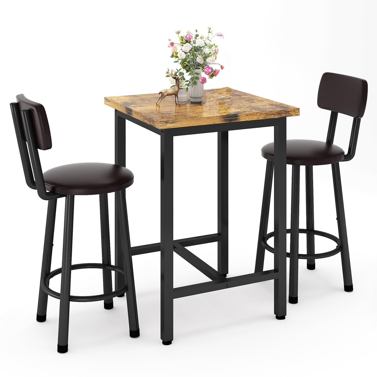 3-Piece Pub Dining Set for 2, Rustic Brown Counter Height Table with Wood Top and 2 Stools, Small Kitchen Table Set for Breakfast Nook, Apartment, Living Room or Bar