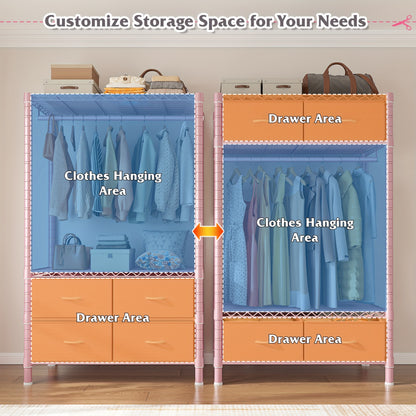 Heavy Duty Clothes Rack, Clothing Rack For Hanging Clothes With 4 Drawers Load 420LBS, Easy To Assemble, Sturdy & Durable Design, Large Capacity For Coats, Shirts, Closet Organizers And Storage, Furniture For Home, Christmas Decorations, Pink