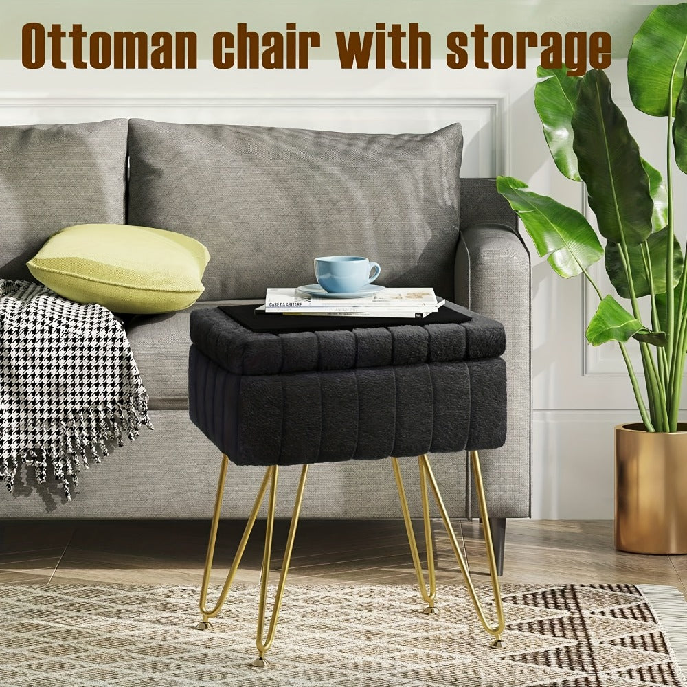 Vanity Stool with Storage Hidden Compartment Gold Metal Legs Upholstered Makeup Chair Shoe Bench Bedroom Accent 5 Colors Pink White Black Purple PU Leather