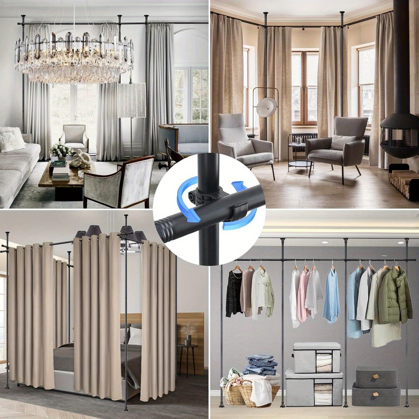 Adjustable Room Divider Curtain Rod | No Drilling Floor to Ceiling Tension Rod for Wide Space Partitions 28-171inch(W) x 48-120inch(H) - Heavy Duty Damage-Free Room Separation Solution for Home and Kitchen Furniture, Metal Classic Style