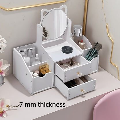 White Dressing Table with Rotating Makeup Mirror, Drawers & Shelves for Cosmetic Storage, Elegant Vanity Table for Bedroom Bathroom Living Room, Holiday Gift Idea
