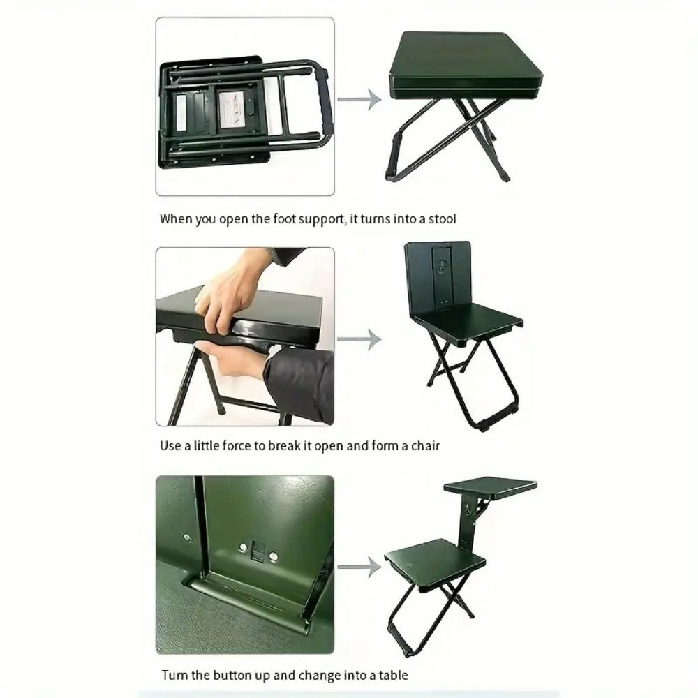 3-in-1 Portable Folding Table and Chair Set Vintage Iron Lightweight Compact for Outdoor Camping Study Vendor Market Writing Desk Folds Like a Handbag