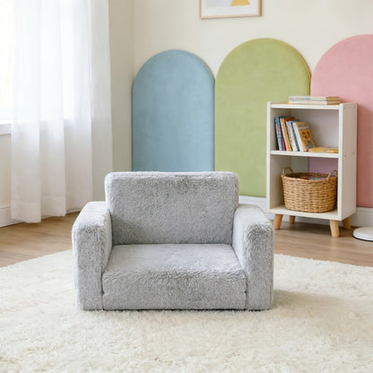 Kids Sofa 2-in-1 Convertible to Recliner Chair - Soft Plush Gray/Pink/White Youngsters Lounge Chair with Storage Pocket, Cozy Folding Playroom Furniture for Boys And Girls, Youngsters Playroom Furniture Pocketed Armrests | Velvet Upholstery, Chair