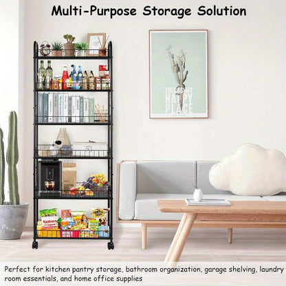 A Slim, Six-Tiered Storage Cart on Wheels, Designed for Utility And Mobility, Perfect for Organizing Spaces in The Kitchen Or Bathroom. Available in Black, with Dimensions Ranging from 6 to 10 Inches