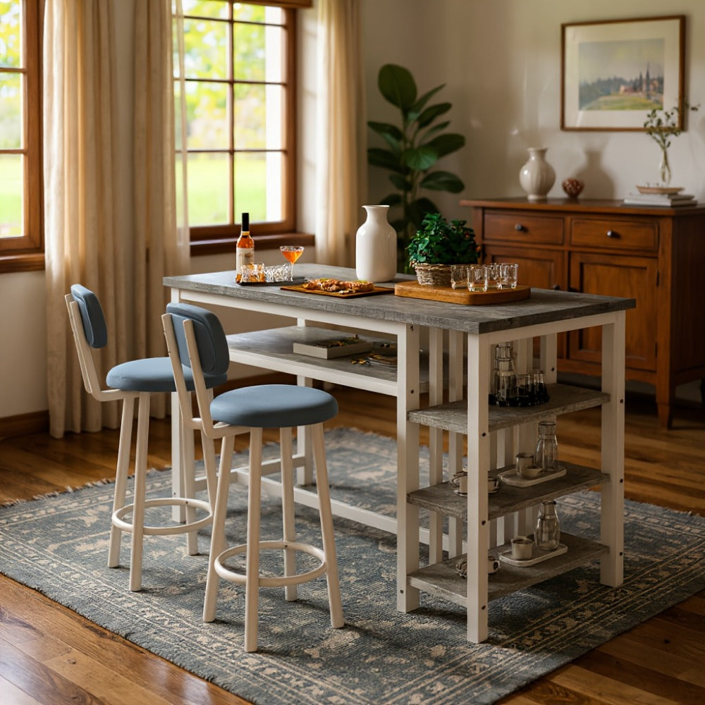 3-Piece Counter Height Dining Table Set with Faux Leather Bar Stools & Storage Shelves - Modern Farmhouse Breakfast Nook Set for Small Spaces, MDF Top & Metal Frame