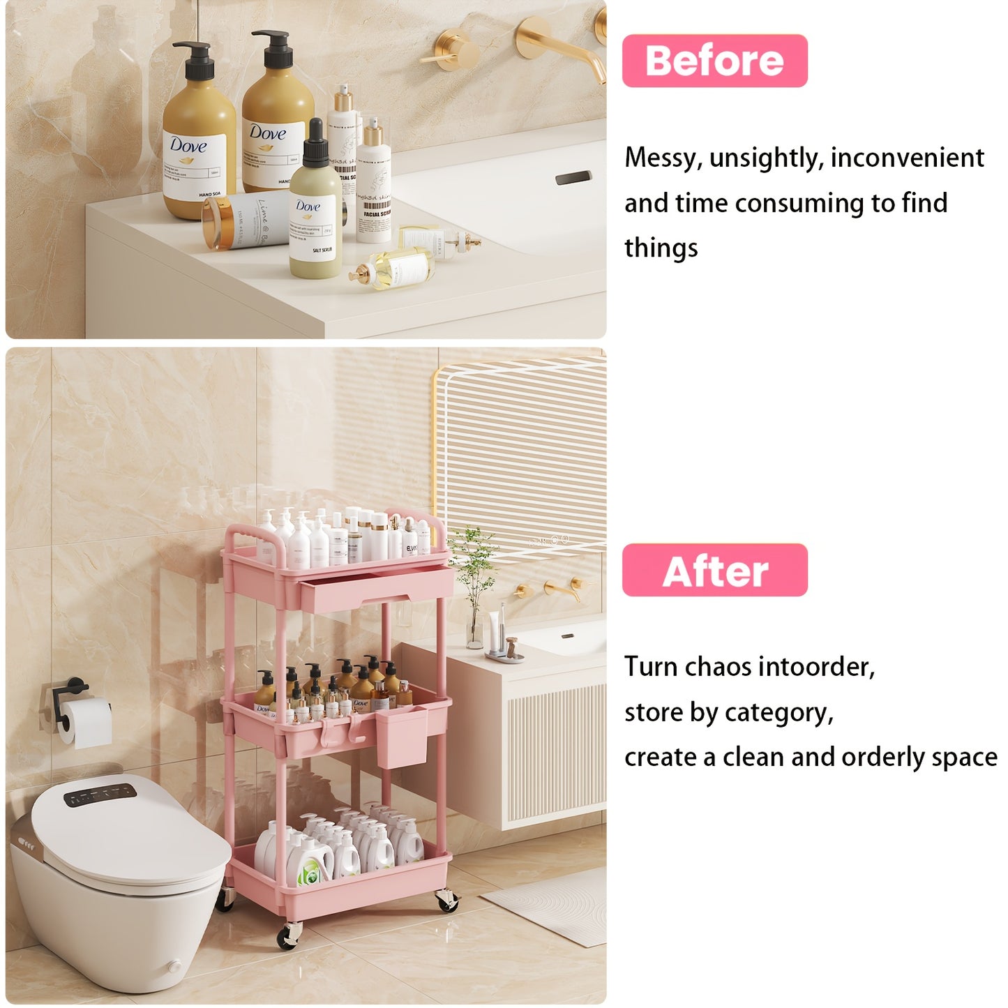 3 Tier Multifunctional Rolling Cart with Drawer, Durable Plastic Rolling Cart- with Drawers And Lockable Wheels, Includes Practical Accessories Like Cup Holders And Hooks - Easy Assembly Storage Cart, for Kitchen, Bathroom, Living Room