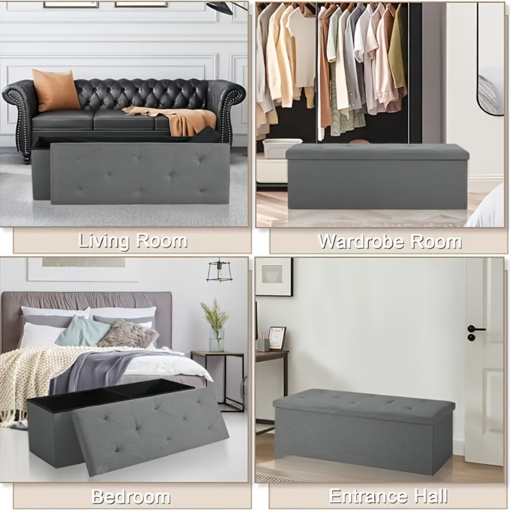 Folding Storage Ottoman Bench with Seat, Heavy Duty Indoor Outdoor Organizer in 15" 30" 43" Sizes, Non-Porous Easy-Clean Surface for Living Room Bedroom Patio Garden Garage, Grey