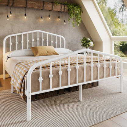 Queen Size Victorian Platform Bed Frame with Wrought Iron Headboard & Footboard – 14" Tall, No Box Spring Needed, Heavy-Duty Steel Slat Support, Elegant Antique Style Bedroom Furniture