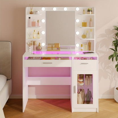Vanity Desk with Lighted Mirror Power Strip and 10 Bulbs - Makeup Table with 2 Drawers Storage Cabinet 3-Color Adjustable Lighting in White