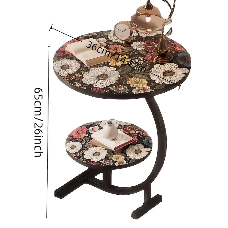 3-in-1 Modern Floral Pattern Multifunctional Courtyard Round Table - Convertible Coffee/side Table/outdoor Furniture, Double-layer Design, Wooden Tabletop And Metal Frame, Suitable for Courtyard, Garden/outdoor Use - Space Saving Circular Design