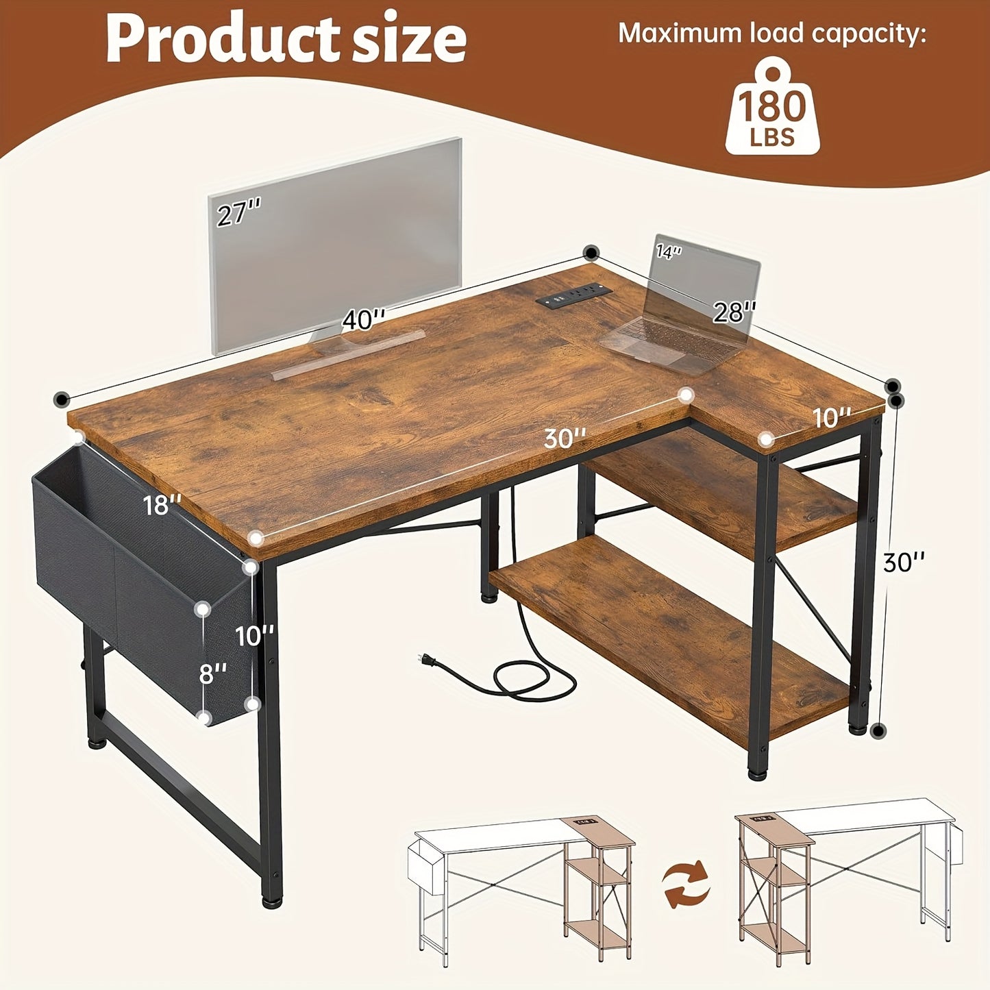 L Shaped Computer Desk with Power Outlets, Computer Desk with Storage Shelves, Home Office Corner Desk for Work, Writing Study Desk with Gaming Desk for Bedroom Office Dorm, L Shaped Desk, Desk, Desk, Computer Desk, Desk Gaming