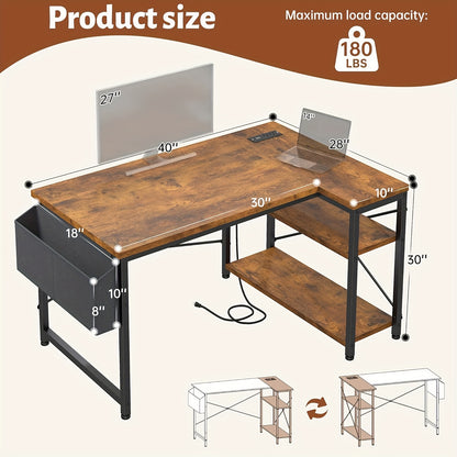 L Shaped Computer Desk with Power Outlets, Computer Desk with Storage Shelves, Home Office Corner Desk for Work, Writing Study Desk with Gaming Desk for Bedroom Office Dorm, L Shaped Desk, Desk, Desk, Computer Desk, Desk Gaming