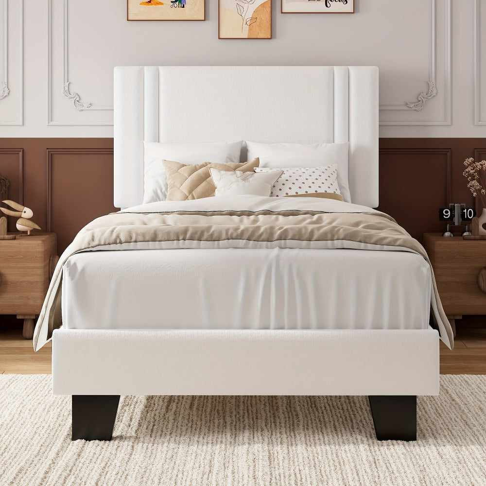 Platform Bed Frame with 21 Inch Soft Padded Headboard Striped or Button Tufted Solid Wood Slats Art Legs Twin Full Queen Black Linen Dark Grey White Velvet