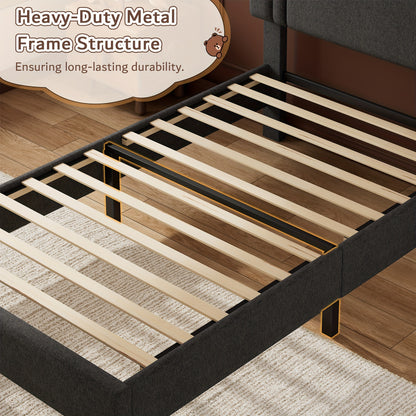 Valnase Bed Frame with 21" Soft Padded Headboard (Striped/Button Tufted), Solid Wood Slats (4" Spacing), Twin/Full/Queen Size Platform Bed with Art Legs -Black Linen/Dark Grey Linen/White Velvet Options