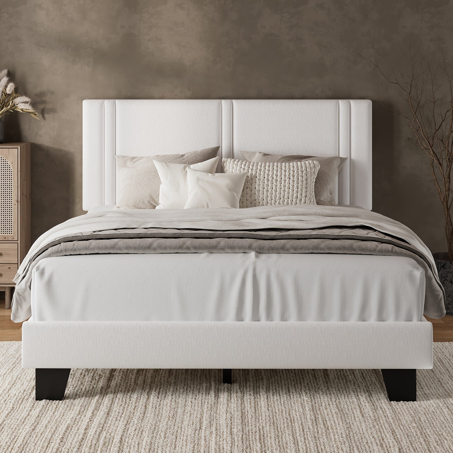 Valnase Bed Frame with 21" Soft Padded Headboard (Striped/Button Tufted), Solid Wood Slats (4" Spacing), Twin/Full/Queen Size Platform Bed with Art Legs -Black Linen/Dark Grey Linen/White Velvet Options