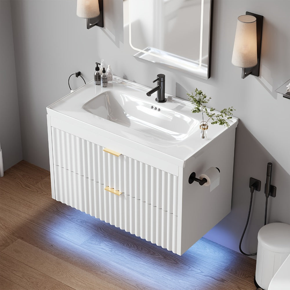 24" 2pcs/1pc Bathroom Vanity with Sink, 24" Floating Bathroom Vanity with LED, 24" with 3-Hole Ceramic Vanity Sink, Wave Line Design, 2pcs Soft-Close Drawers, Wall-Mounted Cabinet for Small Spaces, Black/White