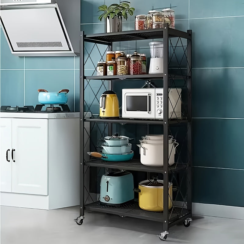 3/4/5-Tier Heavy-Duty Foldable Storage Shelf with Wheeled Shelves for Living Room, Kitchen, Garage, Office, Industrial - Space-Saving Baking Storage Rack Storage And Organization, No Assembly Required Folding Storage Shelf