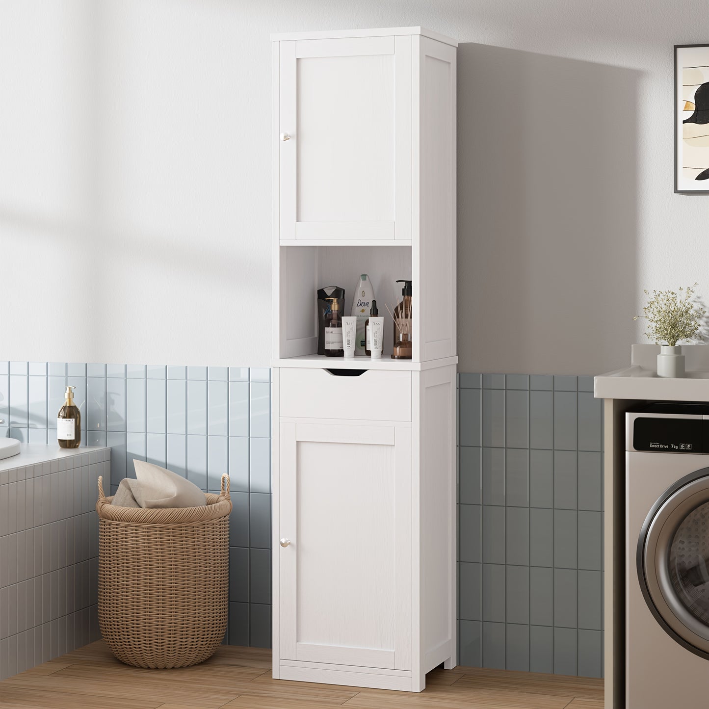 5-Tier Narrow Freestanding Storage Cabinet with 1 Drawer & 2 Doors White, Space-Saving Tower Shelf Floor Cabinet for Bathroom Kitchen Living Room Small Spaces