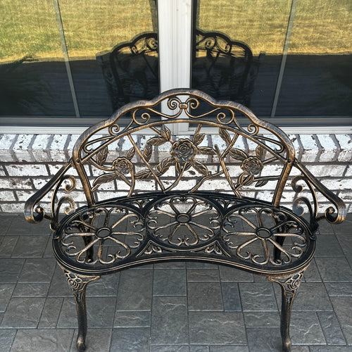 38.5in Rose-Shaped Outdoor Aluminum Patio Bench With Vintage Rose Carved Curved Legs, Suitable For Patios, Courtyards, And Gardens