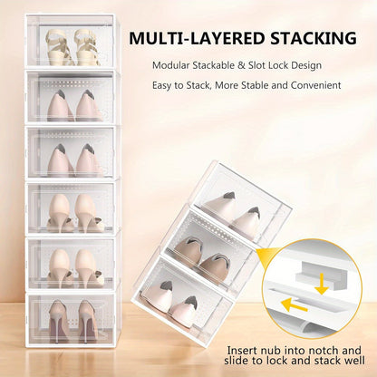 6/12/24 Pack Large Shoe Storage Organizer for Closet, Modular Space Saving Shoe Boxes Clear Plastic Stackable Containers Display Case Bins with Lids, Shoe Rack for Sneaker Storage, White And Black Soceer Shoes