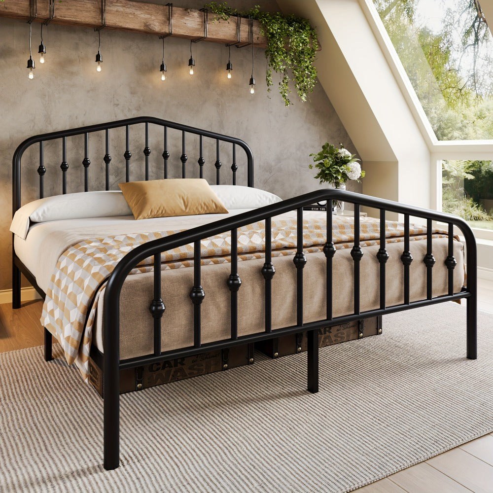 Queen Size Victorian Platform Bed Frame with Wrought Iron Headboard & Footboard – 14" Tall, No Box Spring Needed, Heavy-Duty Steel Slat Support, Elegant Antique Style Bedroom Furniture